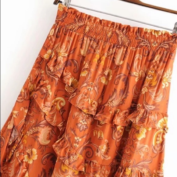 SOLD OUT Rust Floral Bohemian Gypsy Ruffle Tier Maxi Skirt - Picture 7 of 7